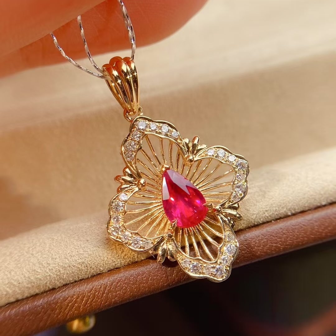 14k Gold 0.68 Ctw Vivid Red Natural Ruby & Diamond Pendant( Without Chain ) - 3