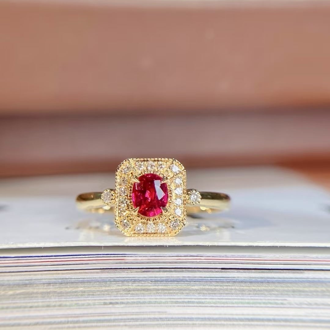 14k Gold 0.64 Ctw Vivid Red Natural Ruby & Diamond Ring: Ref:230998392 // gold content:14k gold // ring size:7. 25us // // main gemstone:ruby // shape:oval // carat weight:0. 53ct // color:vivid red // treatment:natural // // adjacent gemstone 2 : diamond