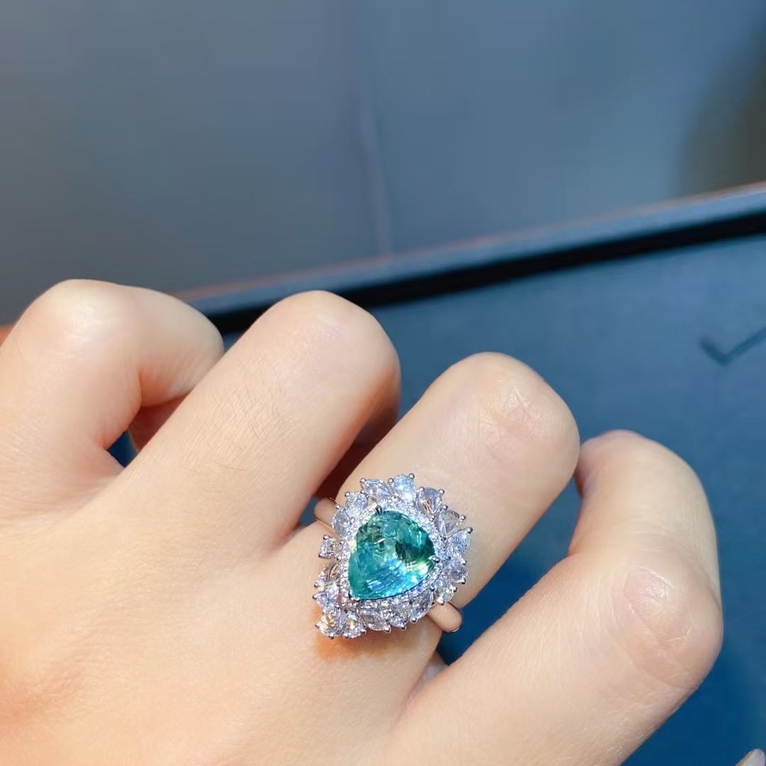 14k Gold 3.53 Ctw Natural Paraiba Tourmaline & Diamond Ring - 2