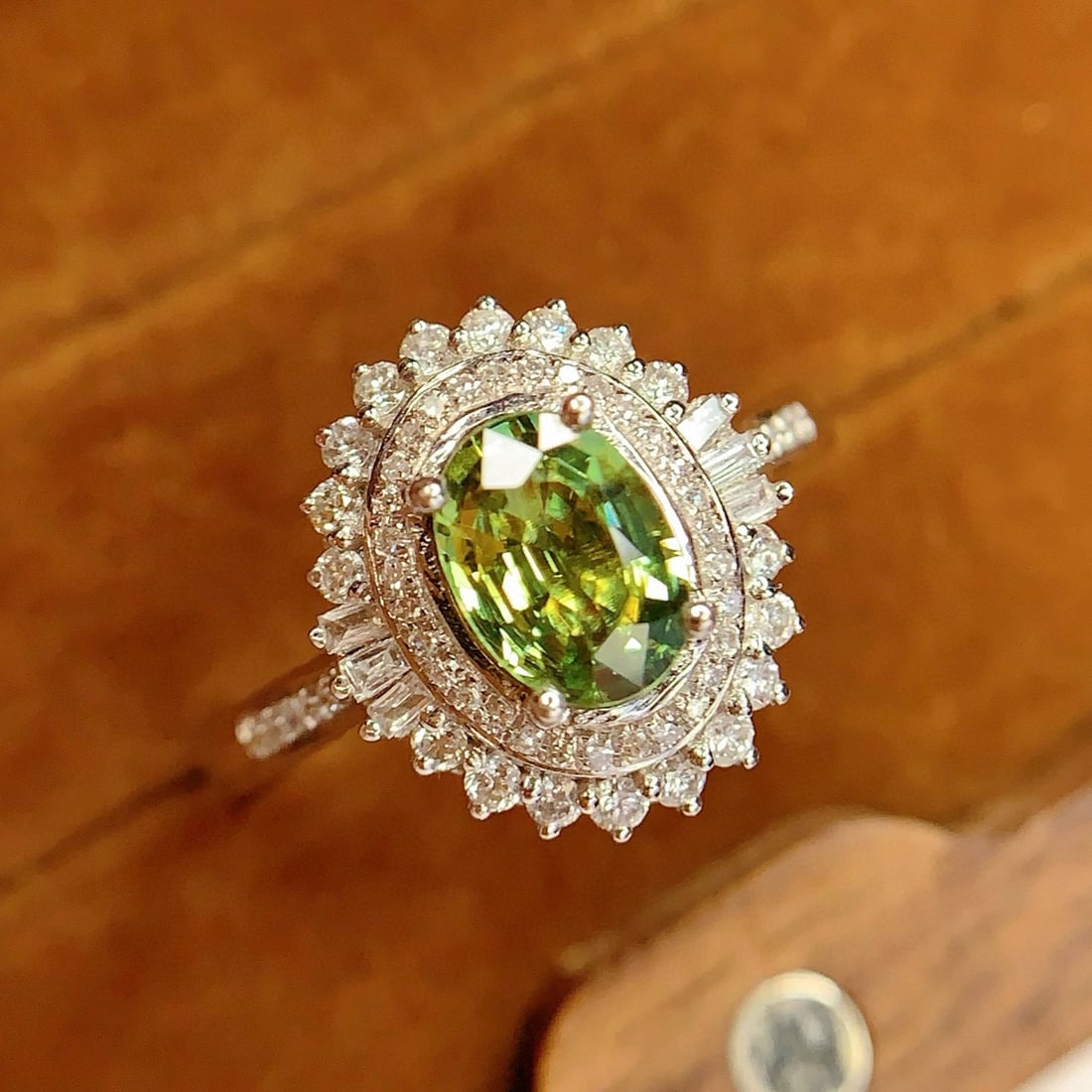 14k Gold 1.2 Ct Natural Sapphire & Diamond Ring: Ref:230998394 // gold content:14k gold // ring size:7. 25us // // main gemstone:sapphire // shape:oval // carat weight:1. 2ct // color:green // treatment:natural // // adjacent gemstone 2 : diamond