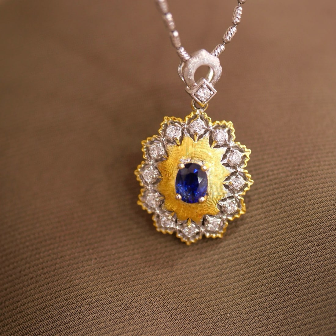 14k Gold 0.76 Ctw Natural Sapphire & Lab Grown Diamond Pendant( Without Chain ): Ref:230998404 // gold content:14k gold // main gemstone:sapphire // shape:oval // carat weight:0. 56ct // color:blue // treatment:natural // // adjacent gemstone 2 : lab grown diamond // shape:round /