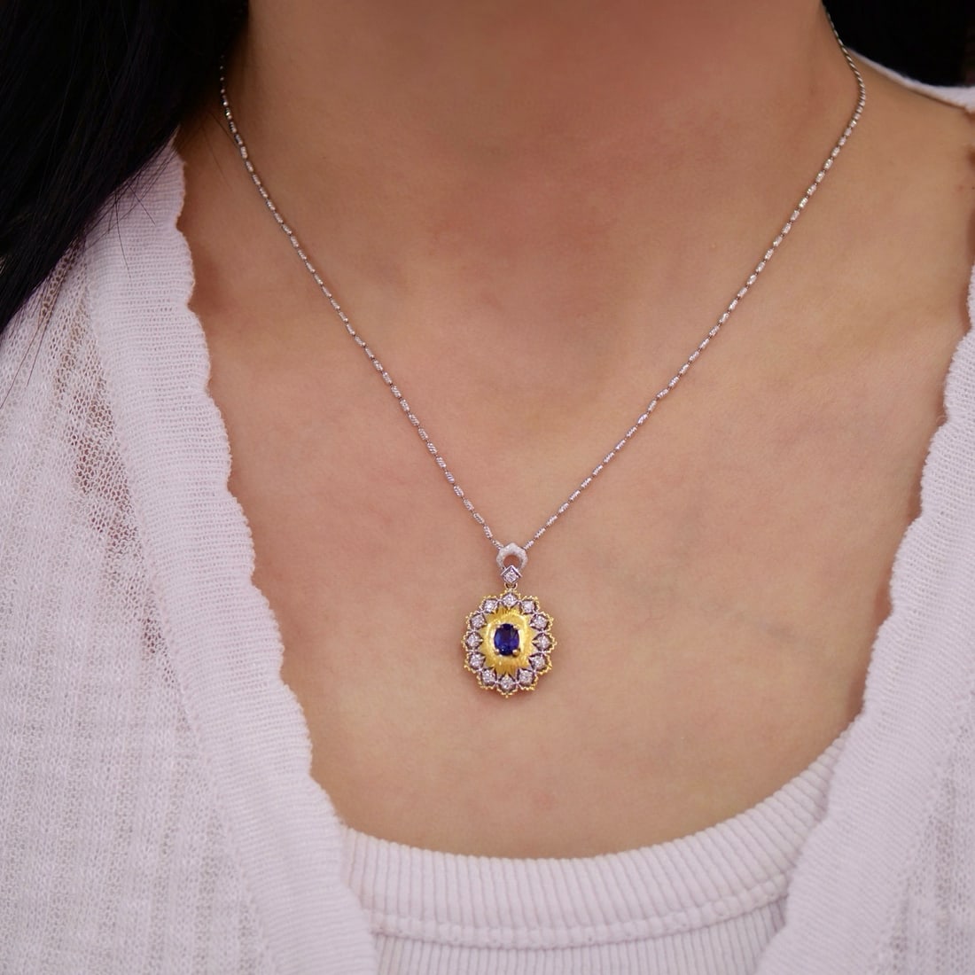 14k Gold 0.76 Ctw Natural Sapphire & Lab Grown Diamond Pendant( Without Chain ) - 3