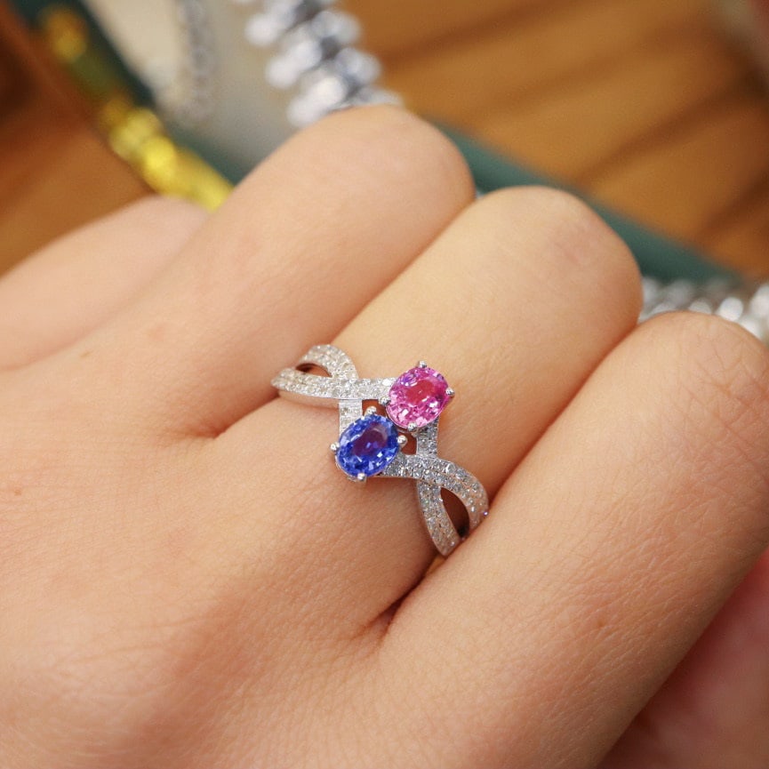 14k Gold 1.28 Ctw Natural Sapphire & Diamond & Toi Et Moi Ring - 6