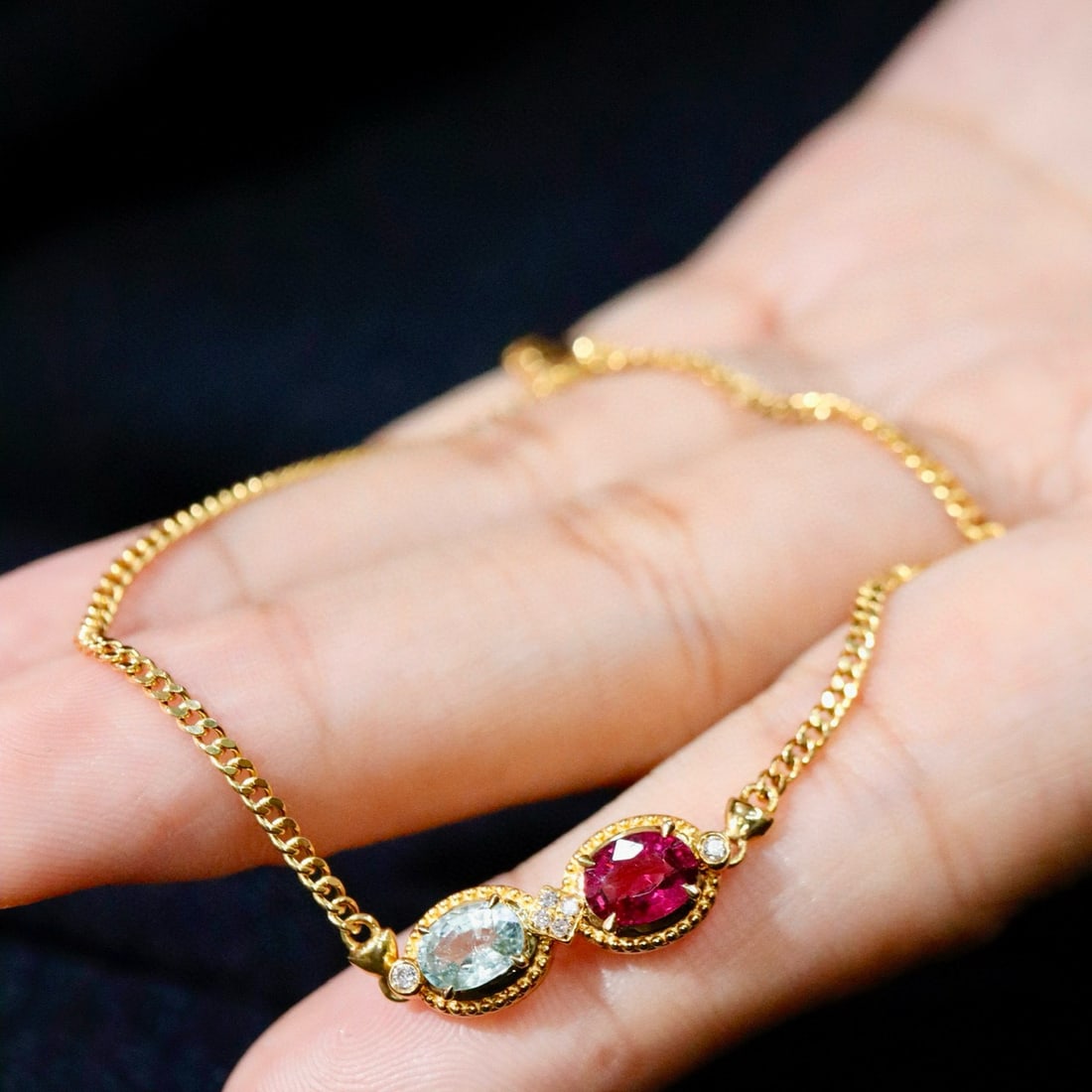 14k Gold 1.20 Ctw Natural Tourmaline & Aquamarine Bracelet - 2