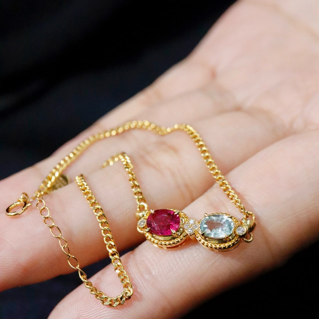 14k Gold 1.20 Ctw Natural Tourmaline & Aquamarine Bracelet - 3