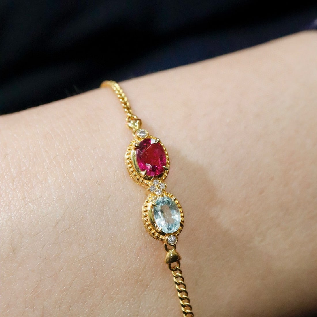 14k Gold 1.20 Ctw Natural Tourmaline & Aquamarine Bracelet - 4