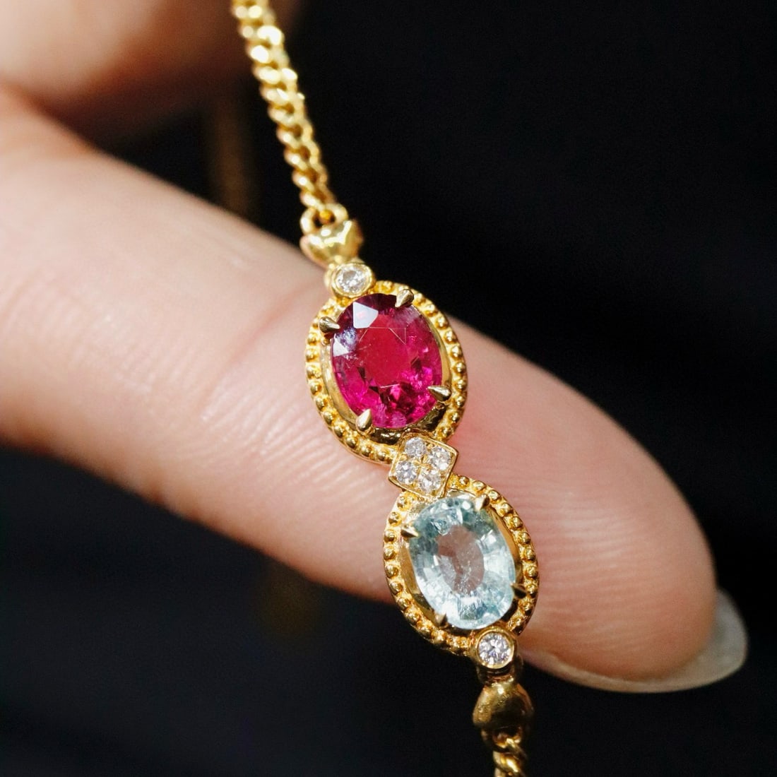 14k Gold 1.20 Ctw Natural Tourmaline & Aquamarine Bracelet - 5
