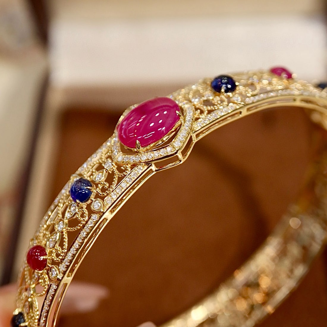 14k Gold 6.00 Ctw Natural Ruby & Diamond Bangle - 2