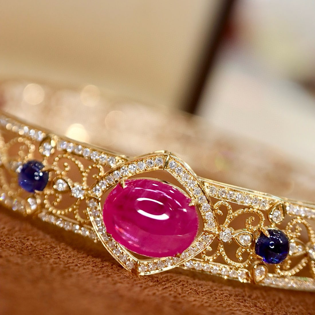 14k Gold 6.00 Ctw Natural Ruby & Diamond Bangle - 3