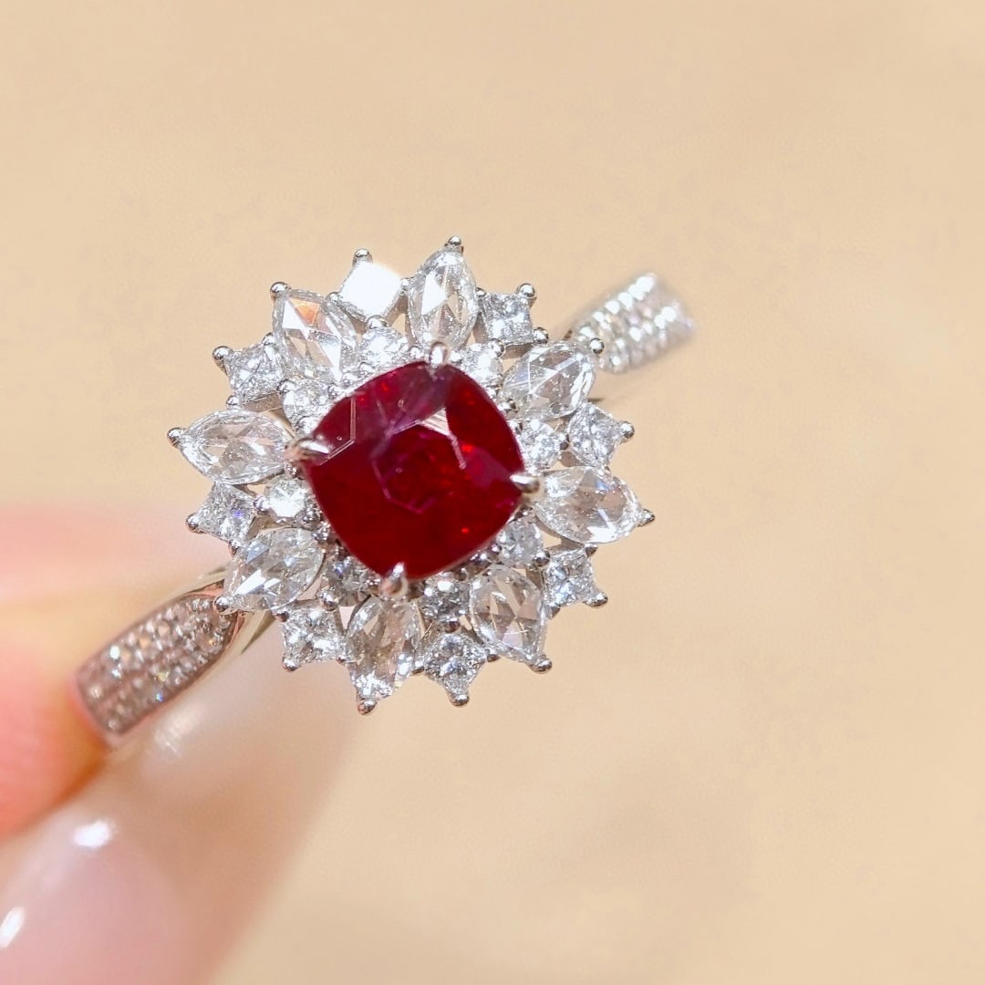 14k Gold 1.46 Ctw Natural Ruby & Diamond Ring: Ref:230998438 // gold content:14k gold // ring size:7. 25us // // main gemstone:ruby // shape:cushion // carat weight:1ct // color:pigeonblood red // treatment:natural // // adjacent gemstone 2 : diam