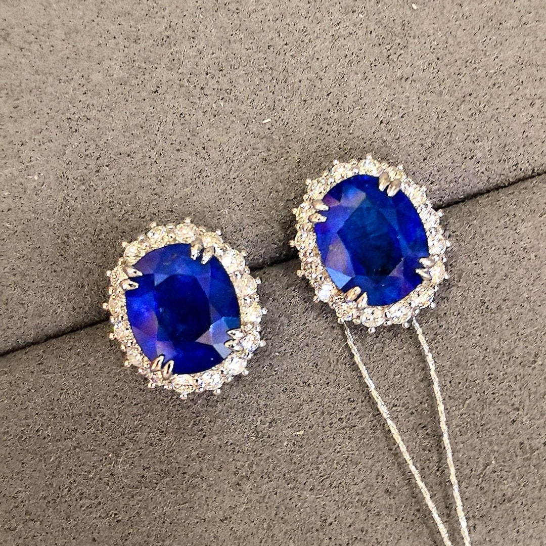 14k Gold 5.73 Ctw Natural Sapphire & Diamond Earrings - 2