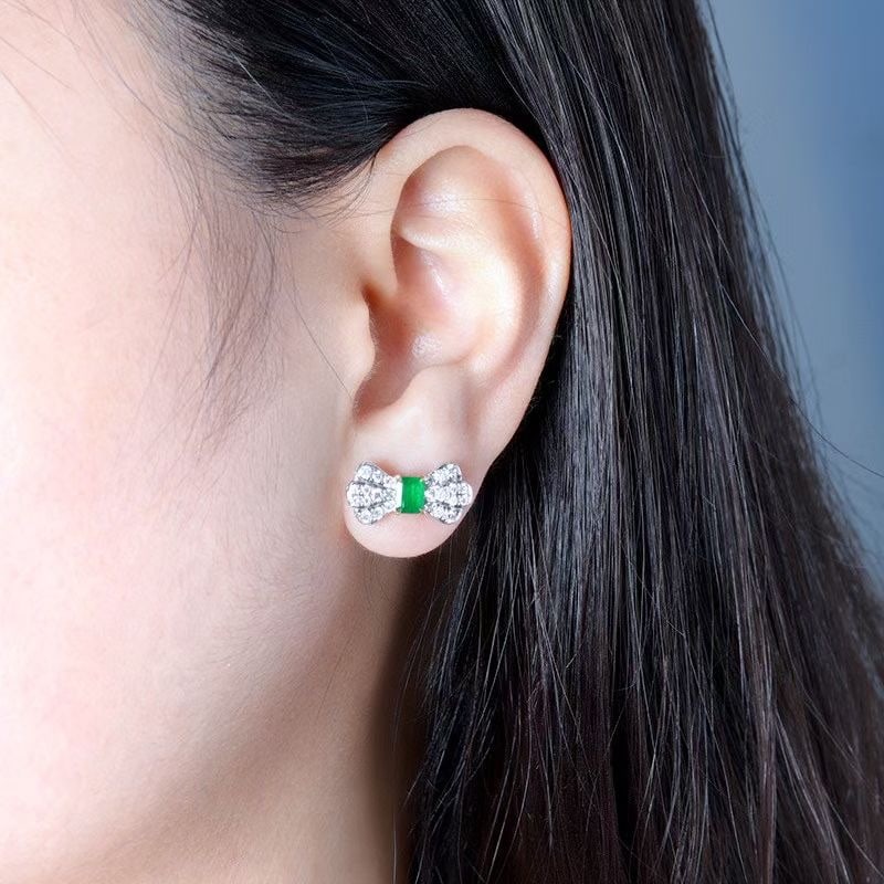 14k Gold 1.40 Ctw Vivid Green Natural Emerald & Diamond Earrings - 2