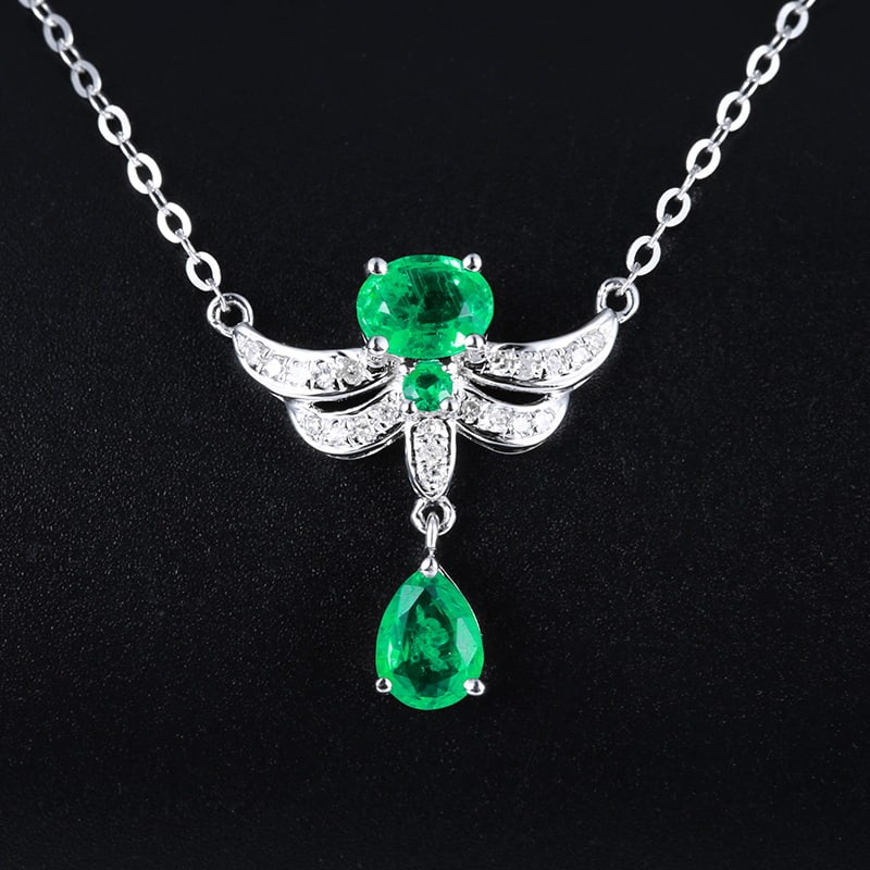 14k Gold 0.52 Ctw Vivid Green Natural Emerald & Diamond Necklace - 2
