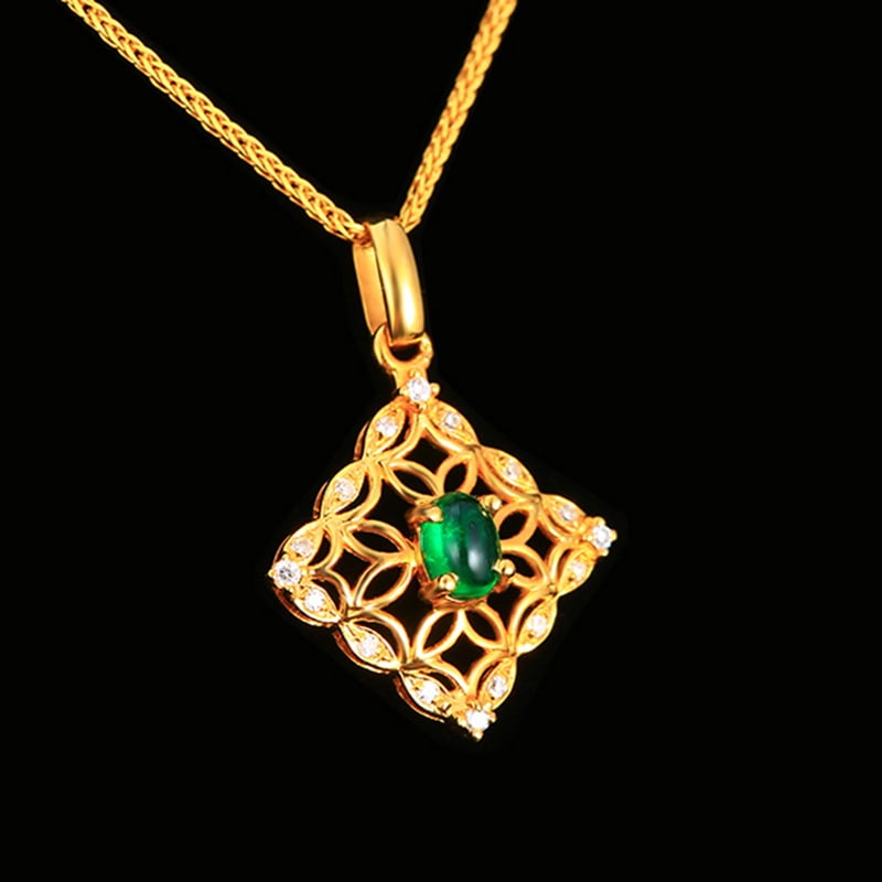 14k Gold 0.24 Ctw Vivid Green Natural Emerald & Diamond Pendant( Without Chain ) - 2