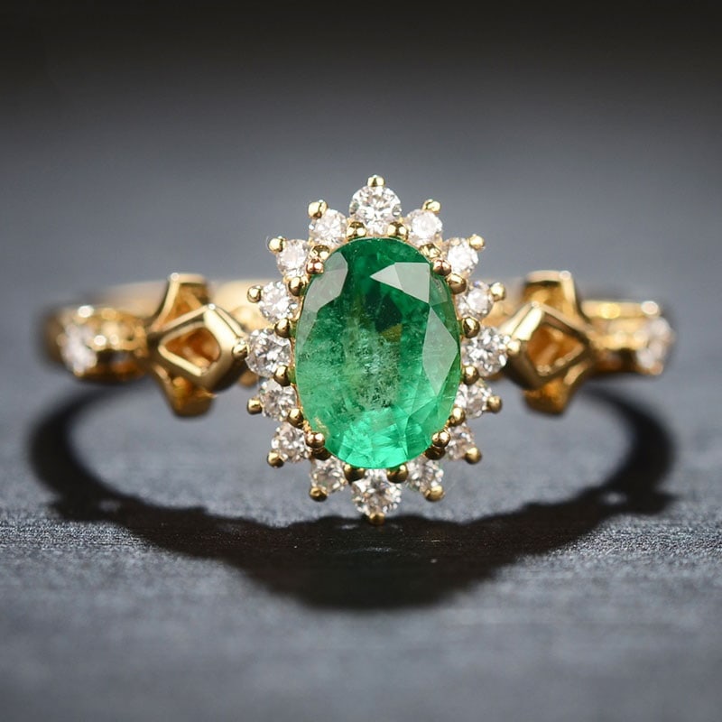 14k Gold 0.66 Ct Natural Emerald & Diamond Ring: Ref:230999020 // gold content:14k gold // ring size:7. 25us // // main gemstone:emerald // shape:oval // carat weight:0. 66ct // color:green // treatment:natural // // adjacent gemstone 2 : diamond //
