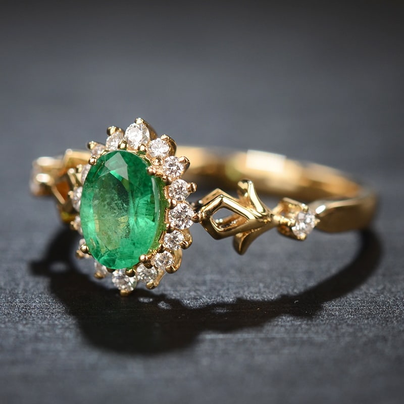 14k Gold 0.66 Ct Natural Emerald & Diamond Ring - 2