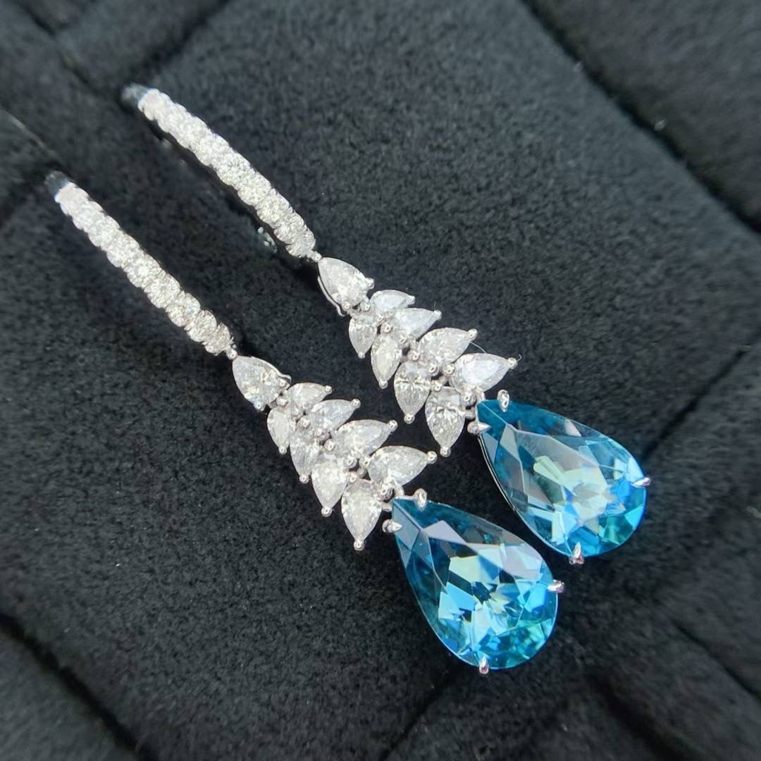 14k Gold 2.75 Ctw Natural Aquamarine & Diamond Earrings - 3