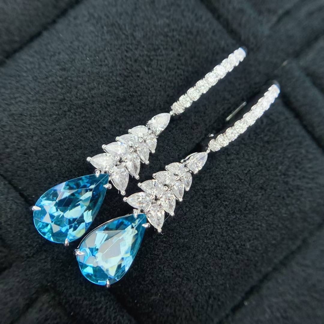 14k Gold 2.75 Ctw Natural Aquamarine & Diamond Earrings - 6