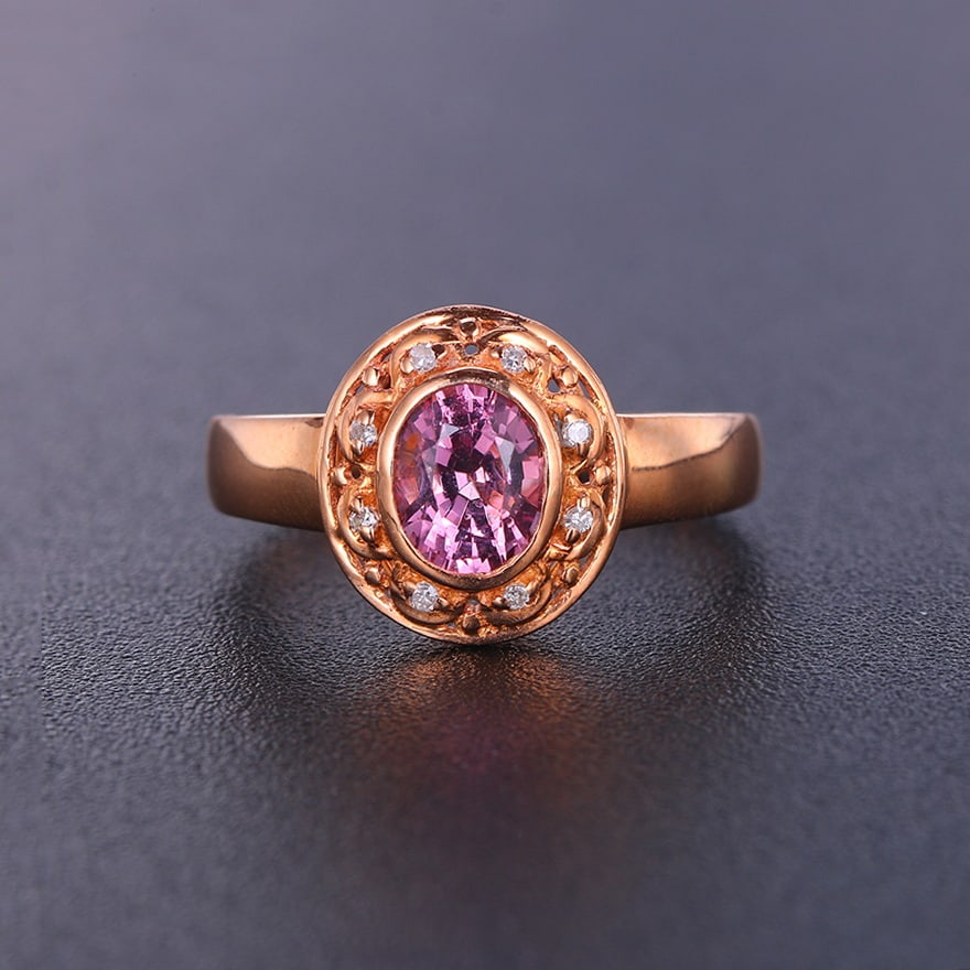 14k Gold 1.24 Ctw Natural Spinel & Diamond Ring: Ref:230999095 // gold content:14k gold // ring size:7. 25us // // main gemstone:spinel // shape:oval // carat weight:1. 2ct // color:purplish pink // treatment:natural // // adjacent gemstone 2 :