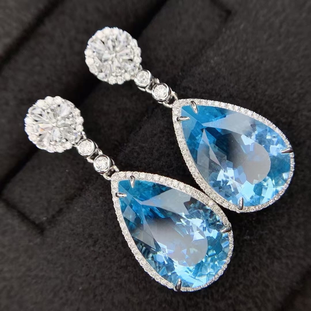 14k Gold 11.76 Ctw Natural Aquamarine & Diamond Earrings - 2