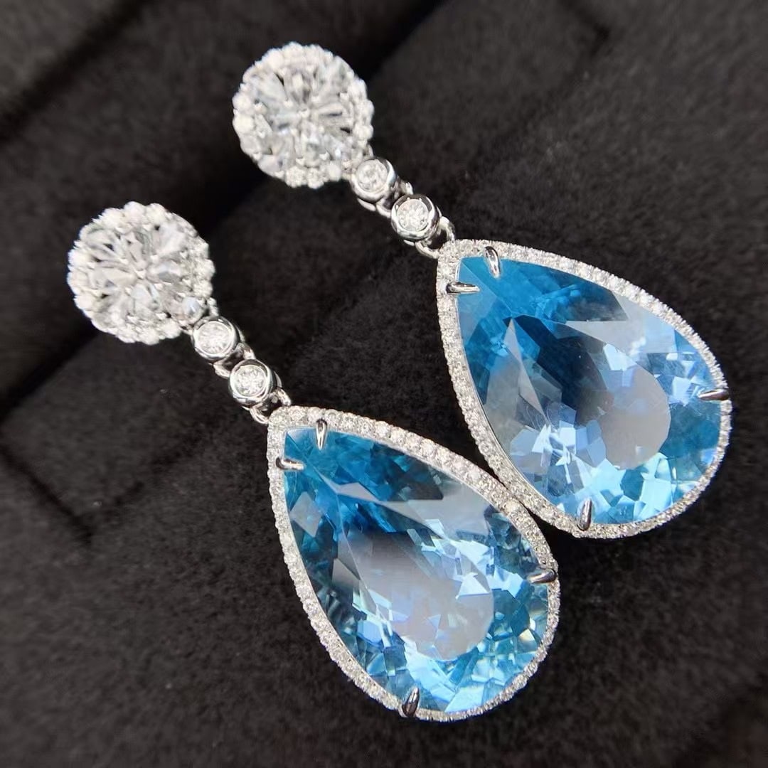 14k Gold 11.76 Ctw Natural Aquamarine & Diamond Earrings - 5