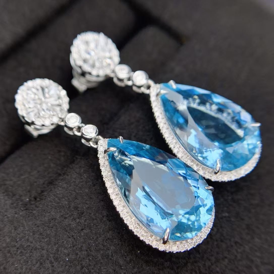 14k Gold 11.76 Ctw Natural Aquamarine & Diamond Earrings - 6