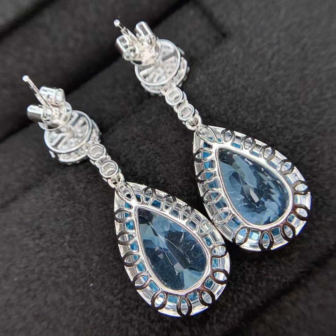 14k Gold 11.76 Ctw Natural Aquamarine & Diamond Earrings - 7