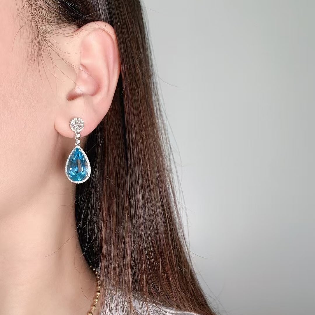 14k Gold 11.76 Ctw Natural Aquamarine & Diamond Earrings - 8