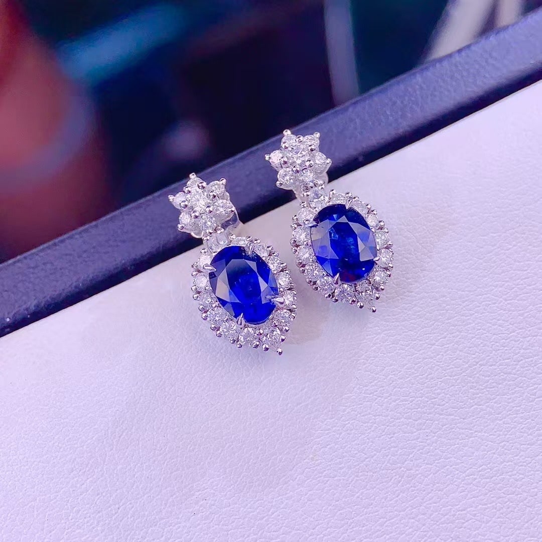 14k Gold 1.67 Ct Natural Sapphire & Diamond Earrings - 3