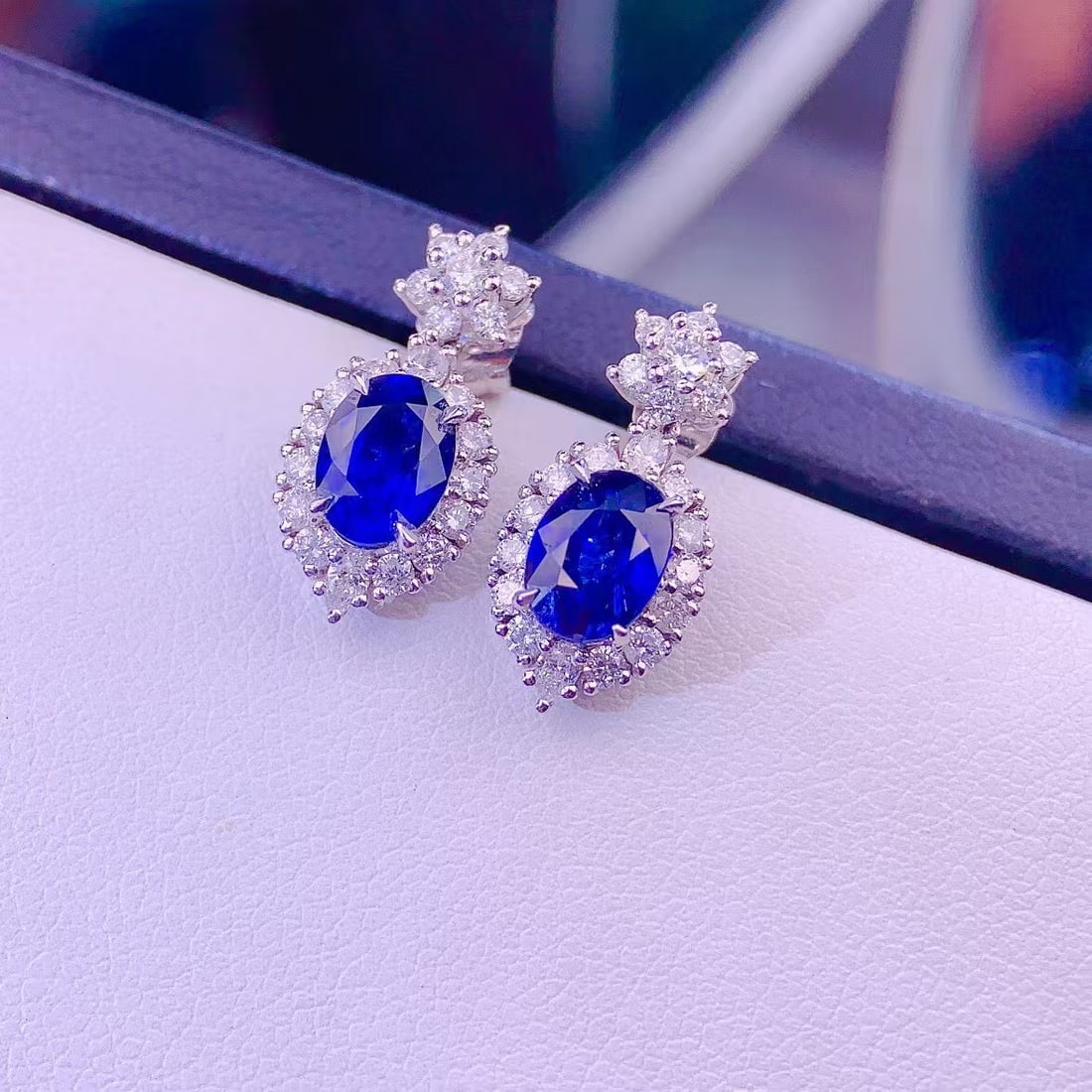 14k Gold 1.67 Ct Natural Sapphire & Diamond Earrings - 6