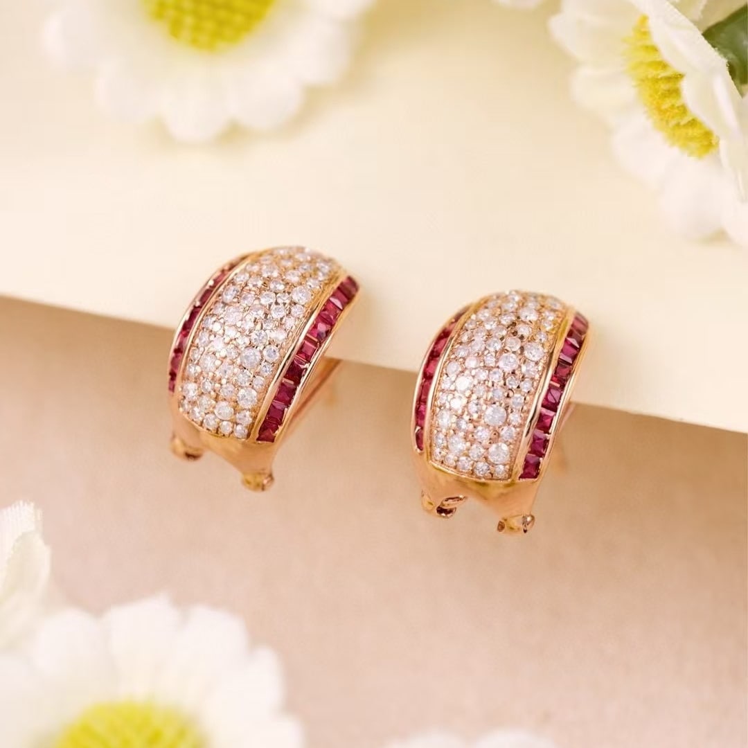 14k Gold 1.26 Ct Natural Ruby & Diamond Earrings: Ref:230999116 // gold content:14k gold // main gemstone:ruby & diamond // shape:square & round // carat weight:1. 26ct // color:red & h // treatment:natural // Condition: New Low Estimate: 3700.00 Hig