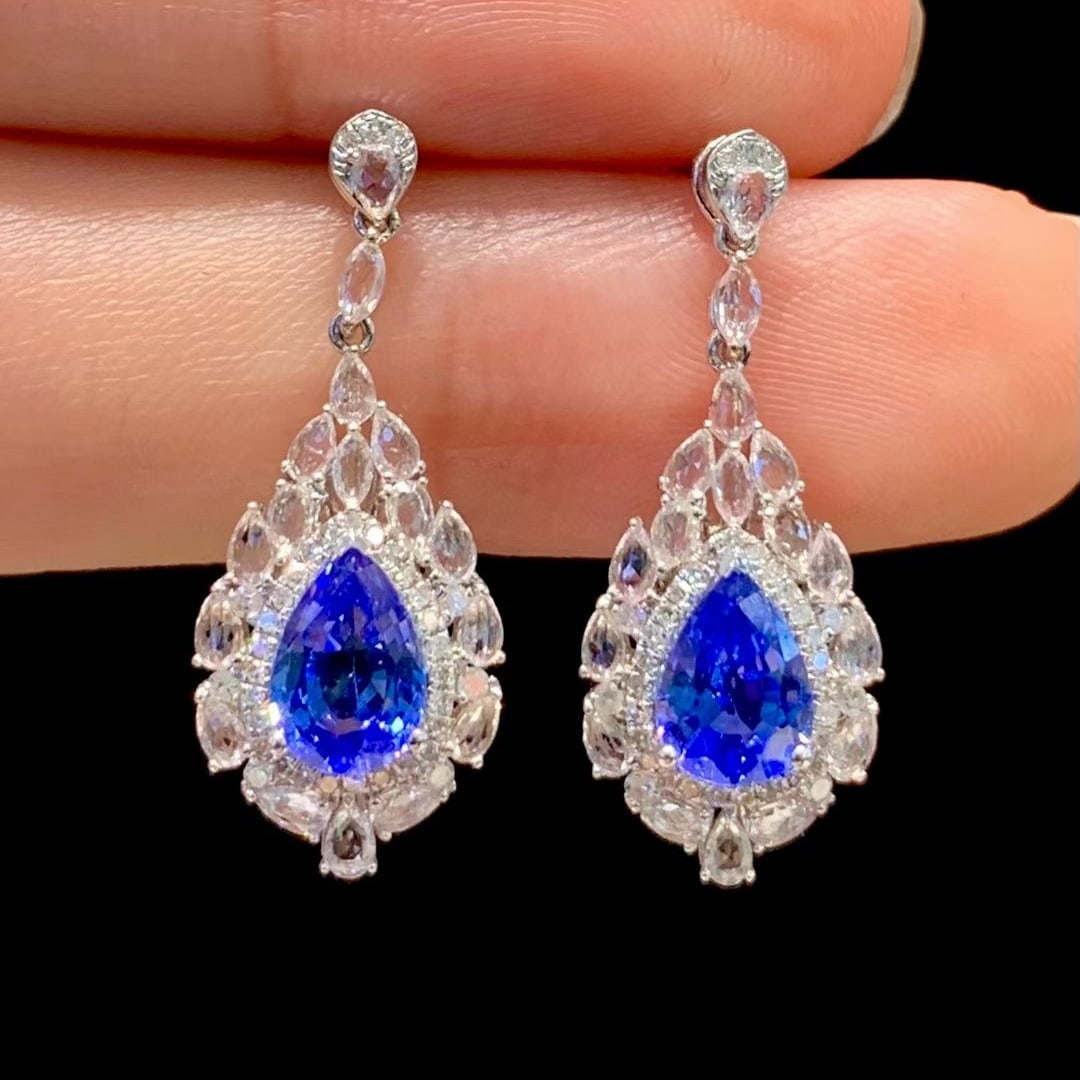 14k Gold 1.8 Ct Natural Sapphire & Diamond & Sapphire Earrings - 2