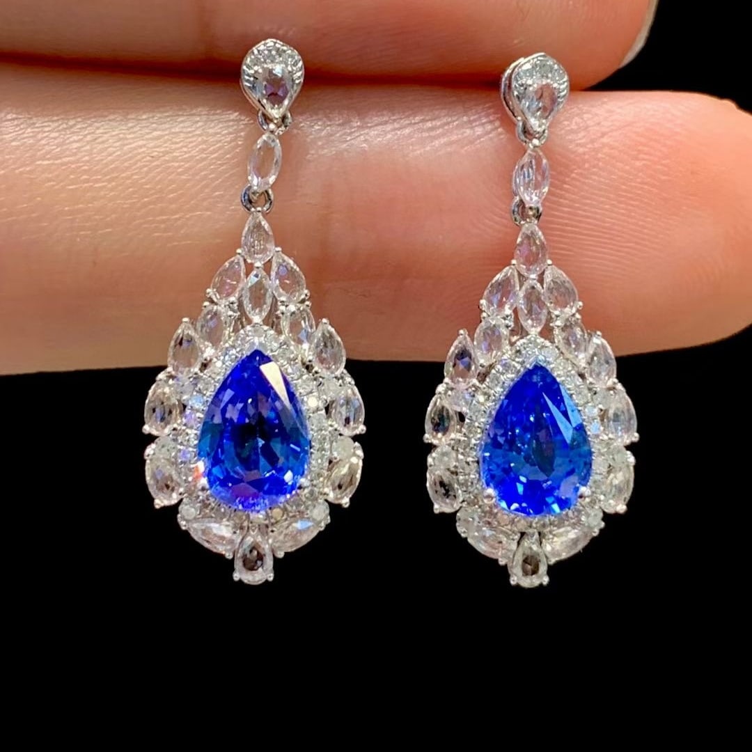 14k Gold 1.8 Ct Natural Sapphire & Diamond & Sapphire Earrings - 4