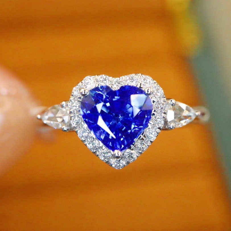 14k Gold 1.41 Ctw Natural Sapphire & Diamond Ring: Ref:230999130 // gold content:14k gold // ring size:7. 25us // // main gemstone:sapphire // shape:heart // carat weight:1. 17ct // color:royal blue // treatment:natural // // adjacent gemstone 2 :