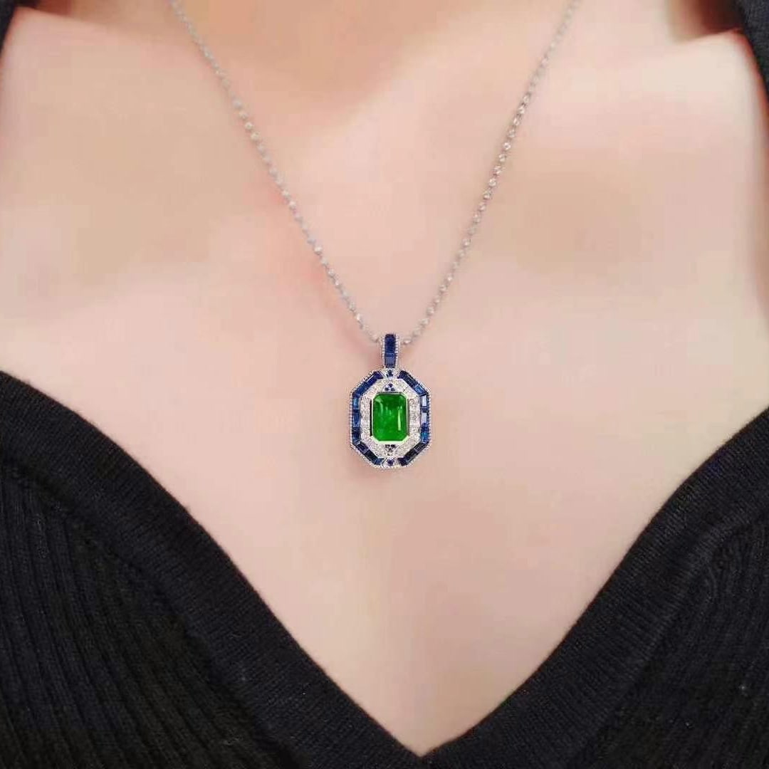 14k Gold 3.12 Ctw Vivid Green Natural Emerald & Sapphire Pendant( Without Chain ) - 5