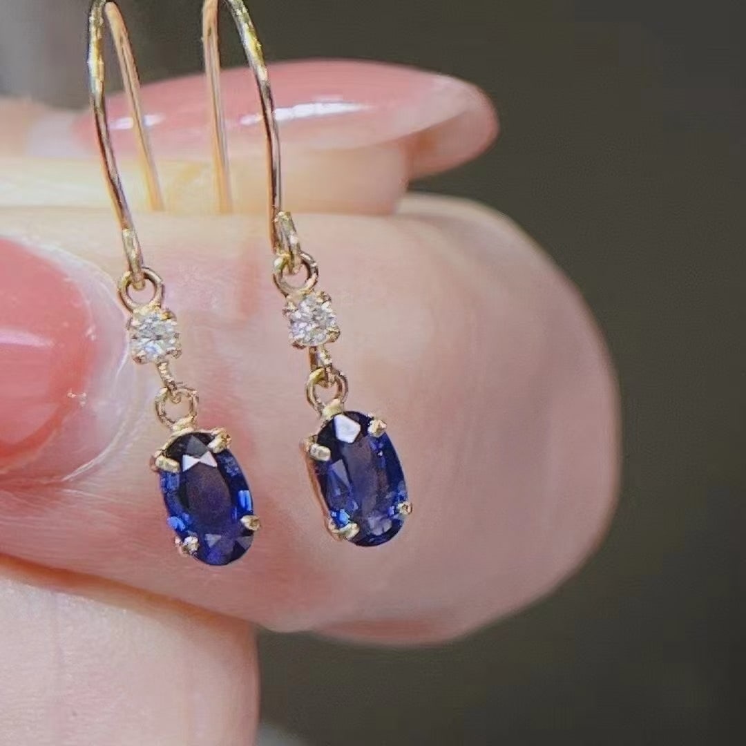 14k Gold 1 Ct Natural Sapphire & Diamond Earrings - 2