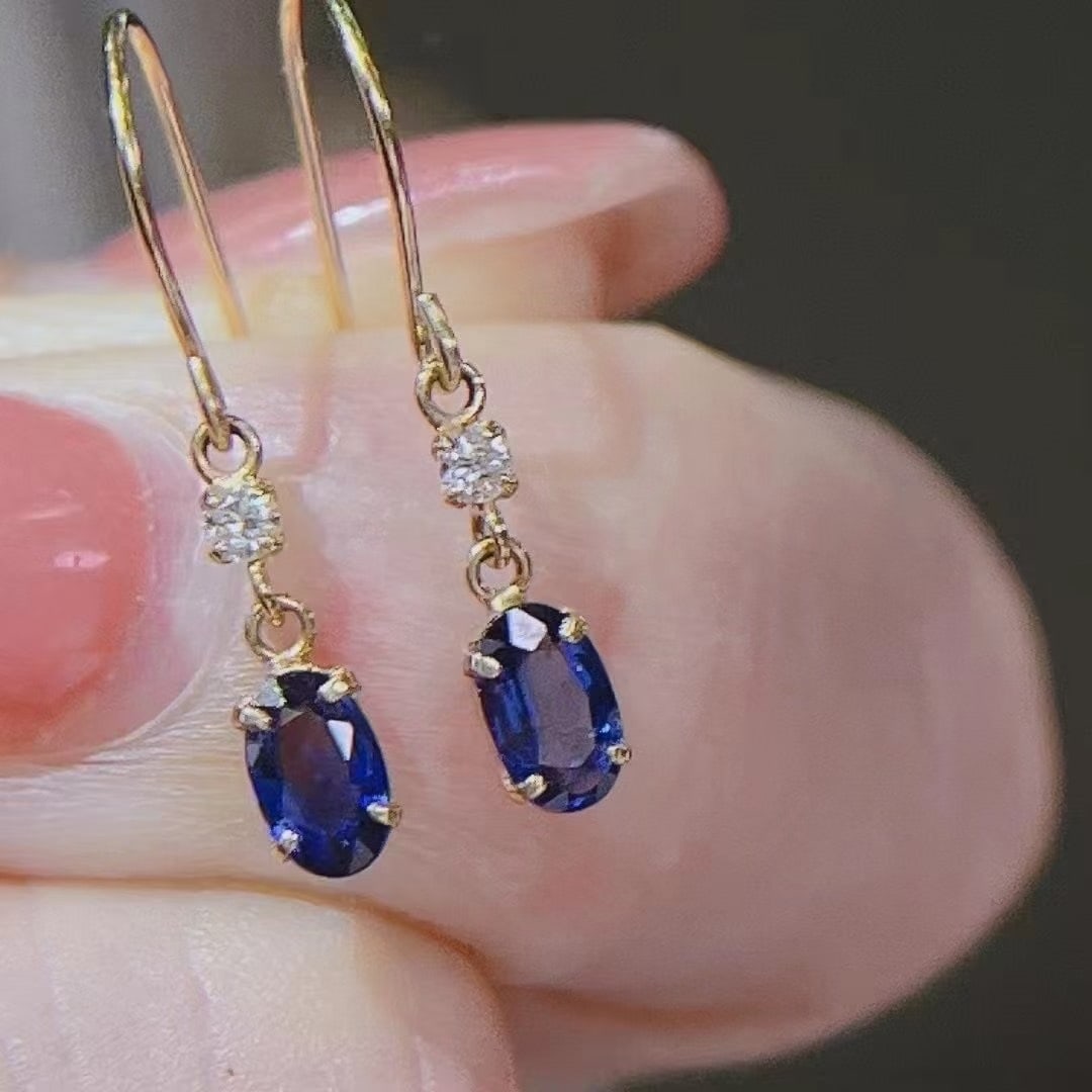 14k Gold 1 Ct Natural Sapphire & Diamond Earrings - 3
