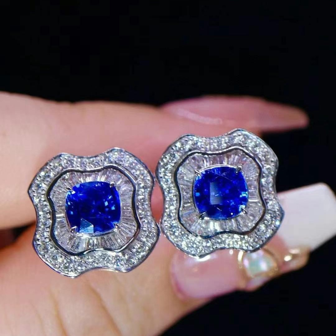 14k Gold 3.42 Ctw Natural Sapphire & Diamond Earrings - 2