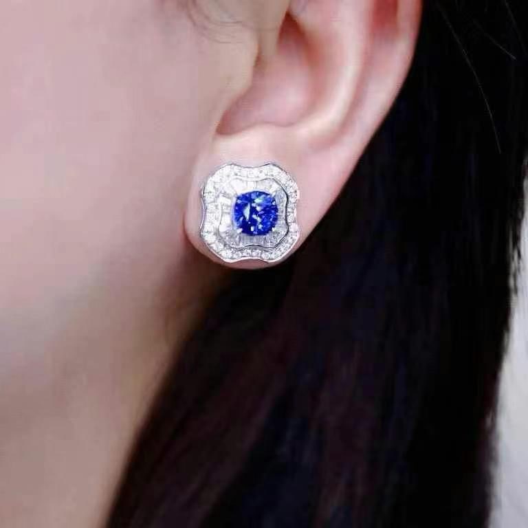 14k Gold 3.42 Ctw Natural Sapphire & Diamond Earrings - 4