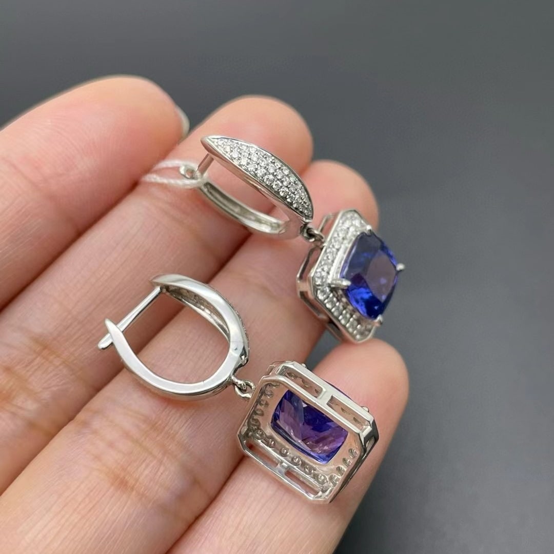 14k Gold 5.77 Ctw Natural Tanzanite & Diamond Earrings - 2
