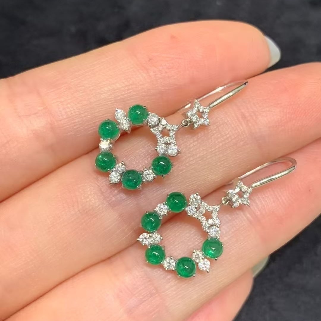14k Gold 1.07 Ctw Vivid Green Natural Emerald & Diamond Earrings - 2