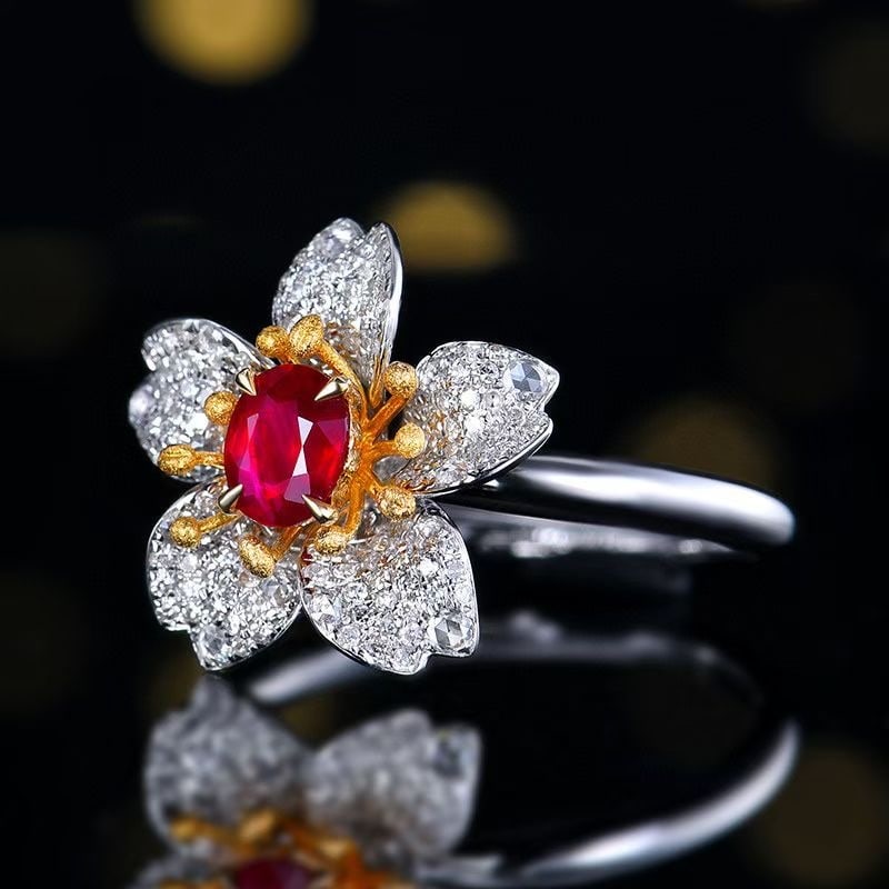 14k Gold 0.95 Ctw Natural Ruby & Diamond & Flowers Ring - 2