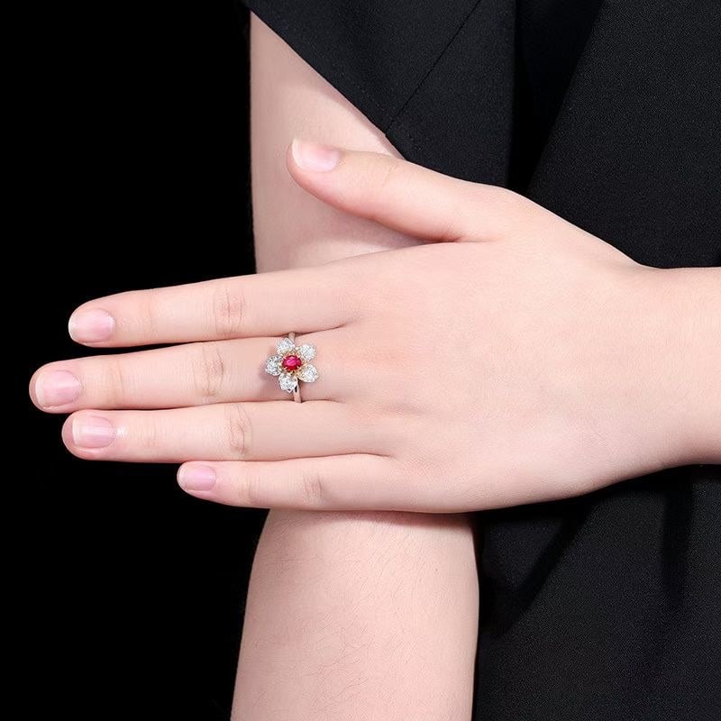 14k Gold 0.95 Ctw Natural Ruby & Diamond & Flowers Ring - 7
