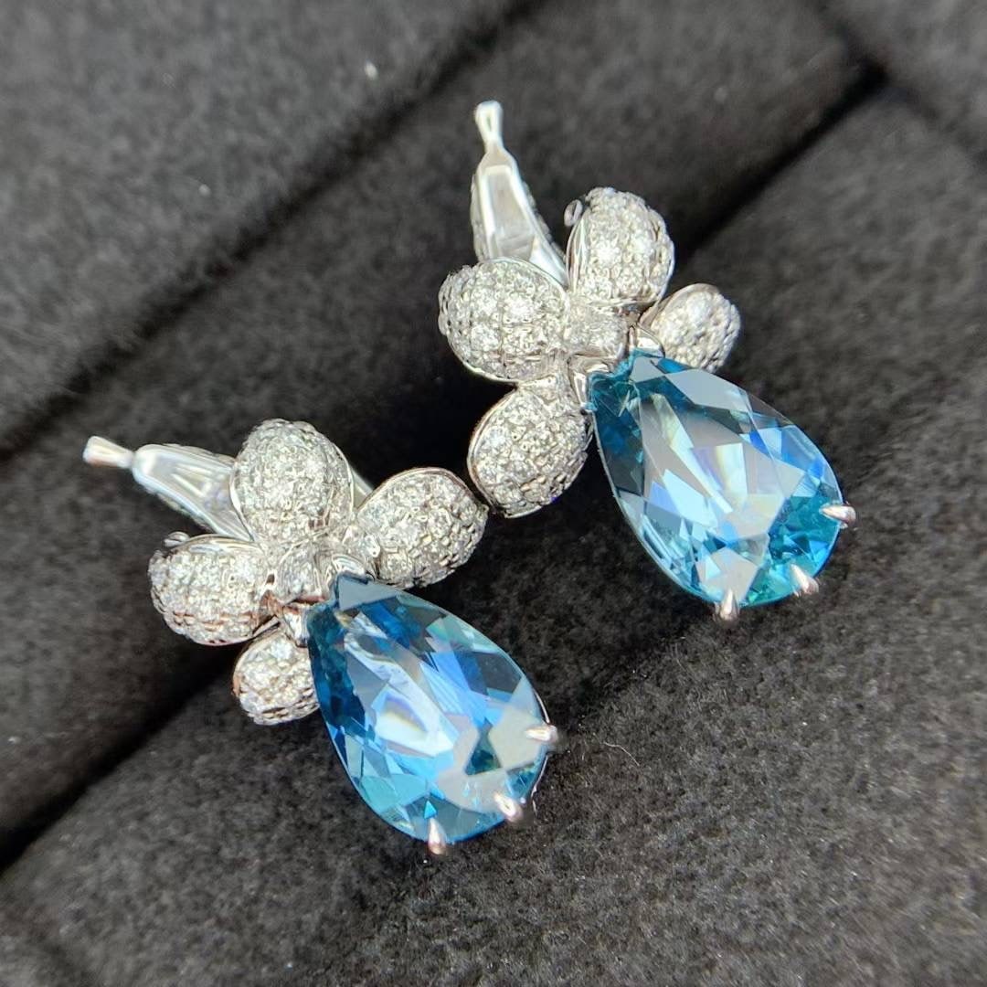 14k Gold 2.84 Ctw Natural Aquamarine & Diamond Earrings - 2