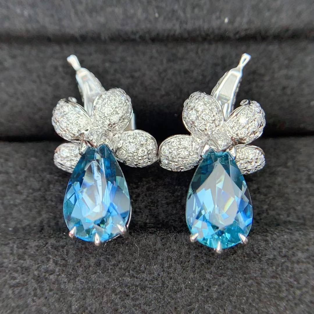 14k Gold 2.84 Ctw Natural Aquamarine & Diamond Earrings - 4