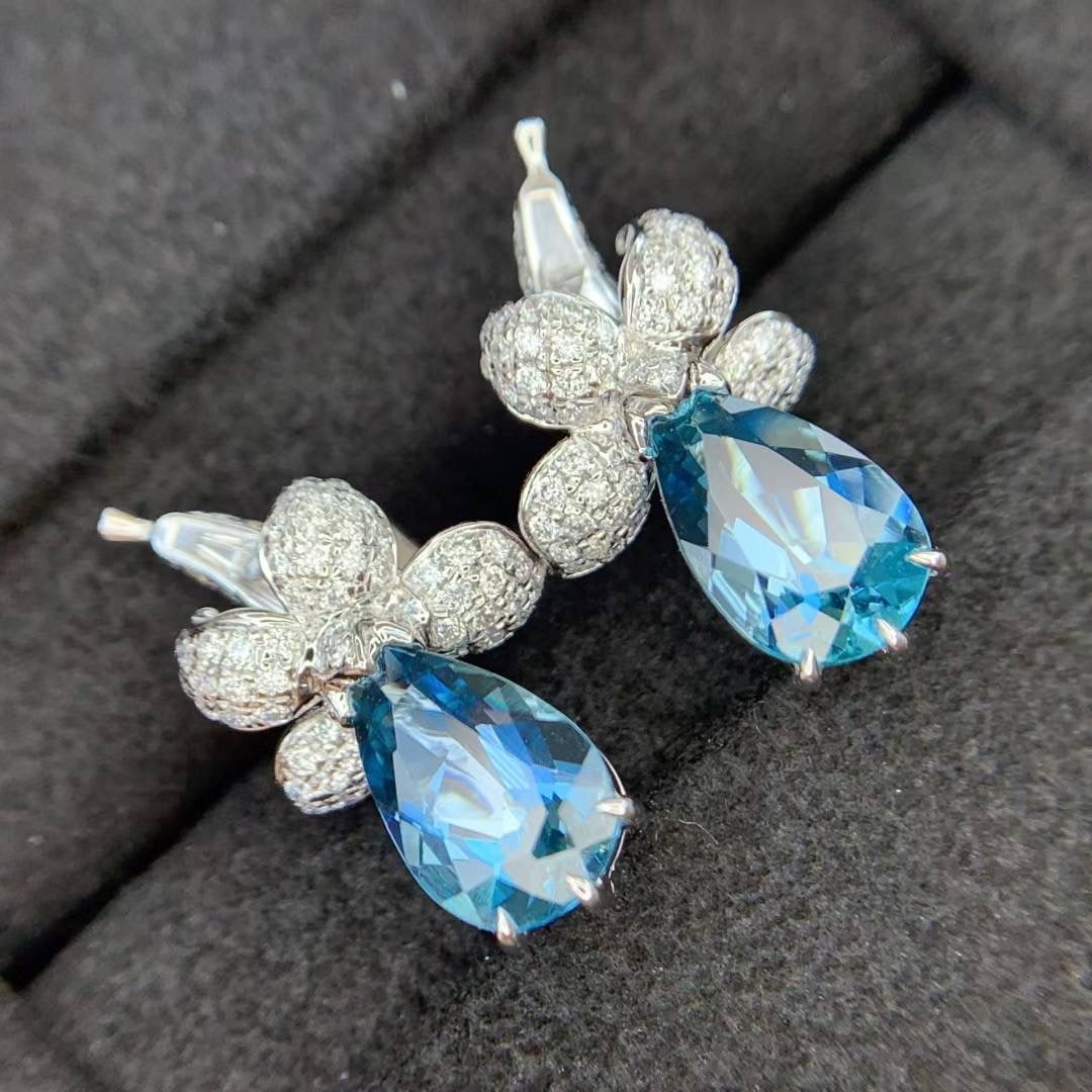 14k Gold 2.84 Ctw Natural Aquamarine & Diamond Earrings - 5