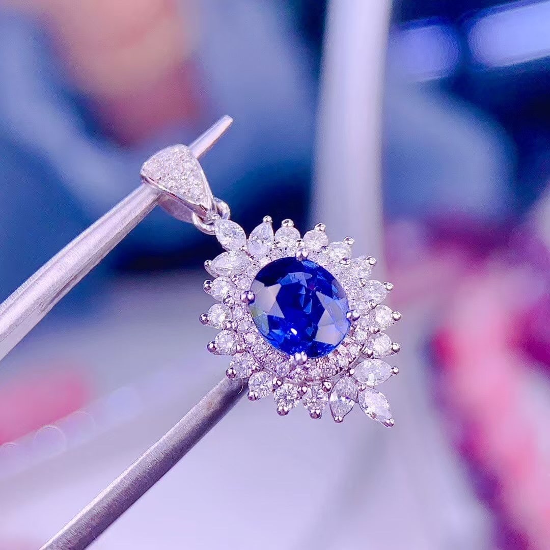 14k Gold 0.85 Ct Vivid Blue Natural Sapphire & Diamond Pendant( Without Chain ) - 2