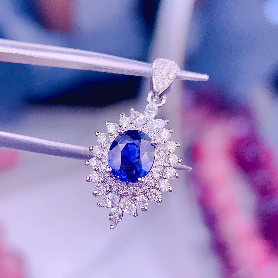 14k Gold 0.85 Ct Vivid Blue Natural Sapphire & Diamond Pendant( Without Chain ) - 5