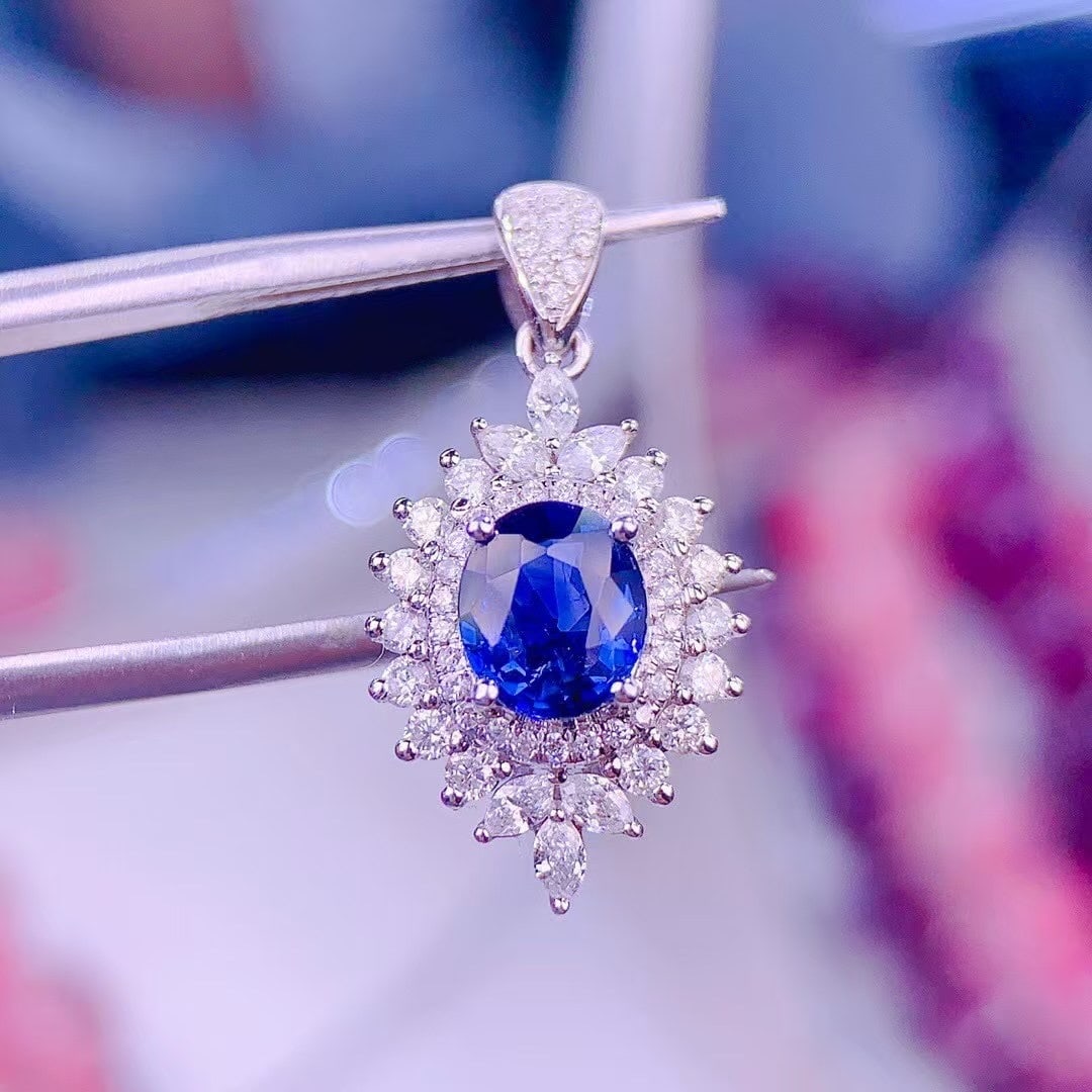 14k Gold 0.85 Ct Vivid Blue Natural Sapphire & Diamond Pendant( Without Chain ) - 6