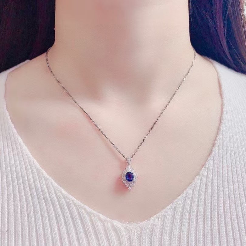 14k Gold 0.85 Ct Vivid Blue Natural Sapphire & Diamond Pendant( Without Chain ) - 7